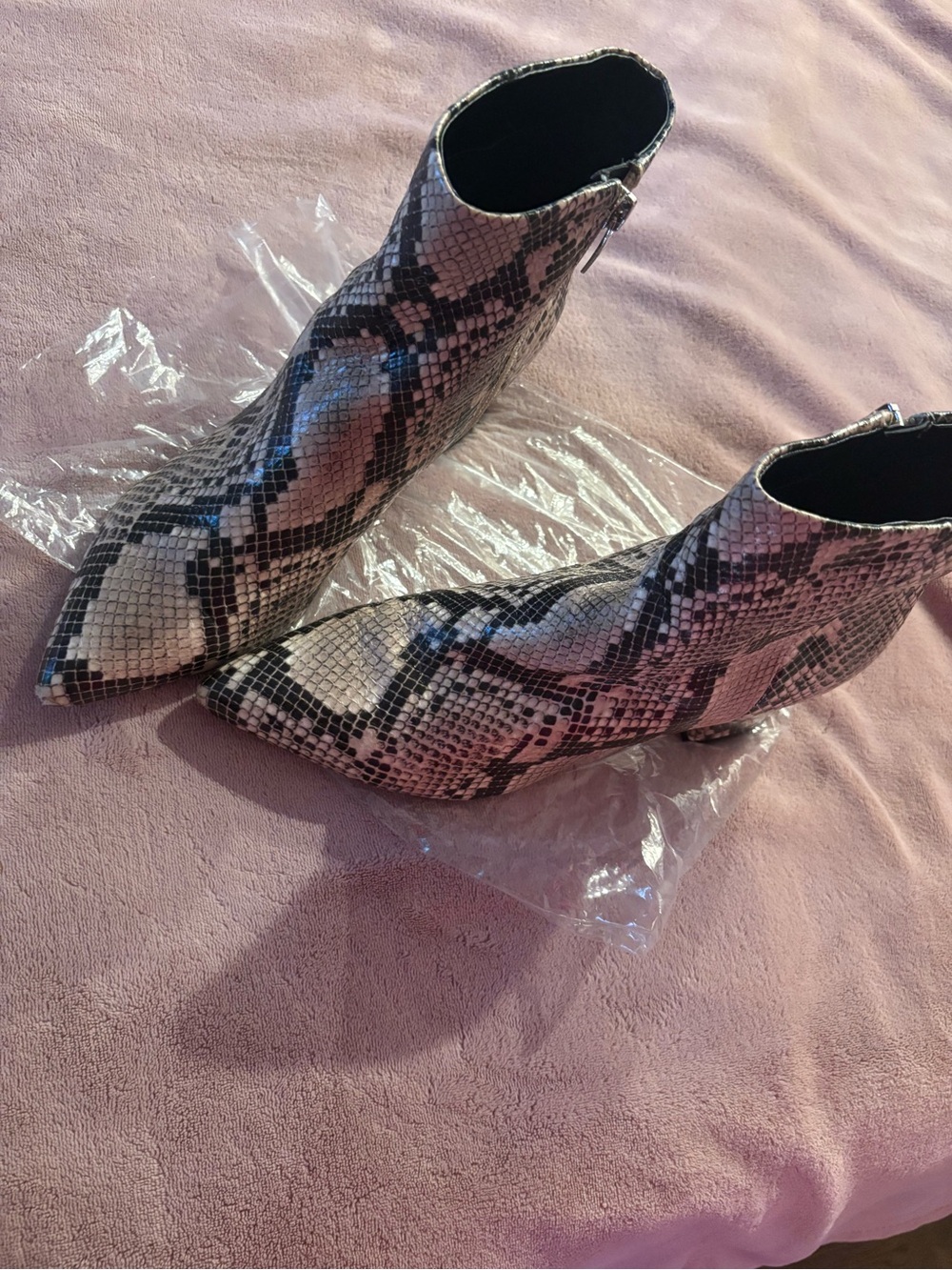 Marc Fisher Pink and Black Snake-Print Pointed Ankle Booties